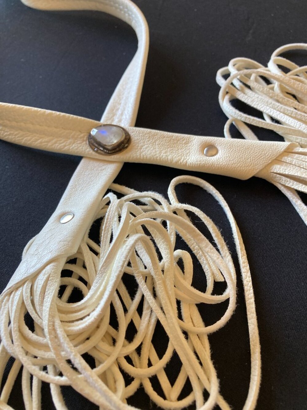 White Leather Fringe Bolo with Moonstone Embedded - Picture 7 of 9